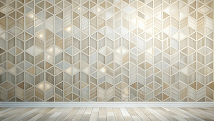 Poster - Geometric Elegance: A modern interior featuring a captivating wall of light wood geometric tiles and a pristine wood floor.  