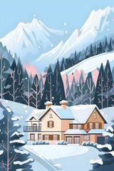 Wall Mural - Snowy Mountain Landscape with a House