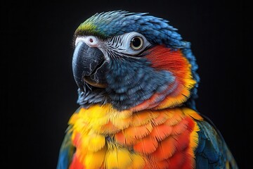 vibrant parrot with iridescent feathers perched dramatically against deep black background sharp focus on expressive eyes