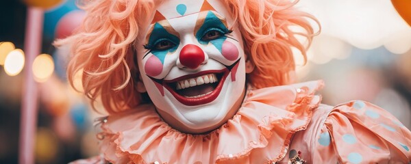 Colorful clown with bright makeup and cheerful expression at a festive event during the evening celebrations in a vibrant, lively atmosphere