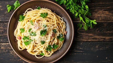 Wall Mural - A plate of spaghetti carbonara with parmesan and fresh parsley, top view