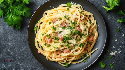 Wall Mural - A plate of spaghetti carbonara with parmesan and fresh parsley, top view