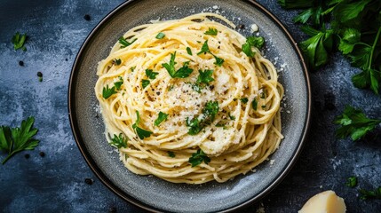 Wall Mural - A plate of spaghetti carbonara with parmesan and fresh parsley, top view