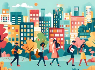 Urban Illustration with People Walking in City Park