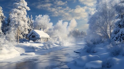 Snow-covered trees frozen river winter wonderland log cabin smoke chimney cool blues