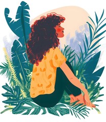 Poster - Woman Sitting in Tropical Plants Illustration