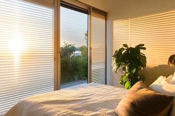 Wall Mural - A bright and airy bedroom with smart blinds that open to let in the refreshing morning sunlight creating a serene and tranquil atmosphere