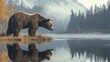 © chanidapa - A solitary grizzly bear standing by a river, with its powerful body reflected in the calm water