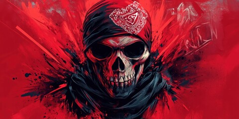 A skull with a black bandana on a red background