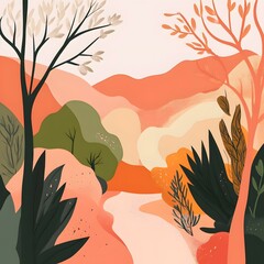 Wall Mural - Abstract Landscape Illustration With Trees And Hills