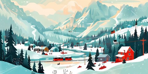 Canvas Print - Winter Scene Illustration with Snowy Mountains and Houses