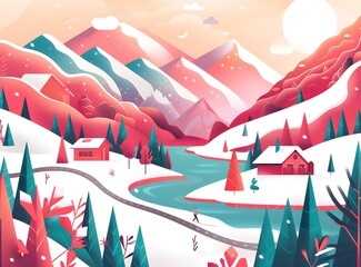 Poster - Winter Landscape Illustration With Person Skiing