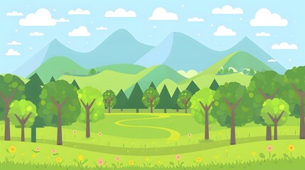 Poster - Green Grass and Mountain Landscape Illustration