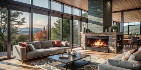 Poster - Modern living room with fireplace.