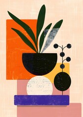 Poster - Abstract Plant and Geometric Shapes Illustration