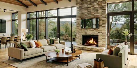 Wall Mural - Modern living room with fireplace.