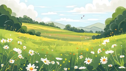 Poster - Green Meadow Landscape with Daisies