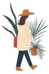 Canvas Print - Woman Walking with Plants Illustration