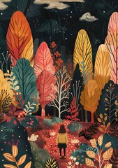 Poster - Girl in Colorful Forest Illustration