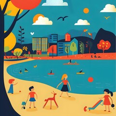 Wall Mural - Kids Playing in the City Park by the Lake