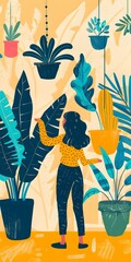 Wall Mural - Woman Surrounded By Plants In A Room Illustration