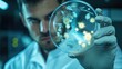 © Matcha_09 - Biochemist holding a petri dish with a colony of bacteria, using a magnifying glass for close inspection