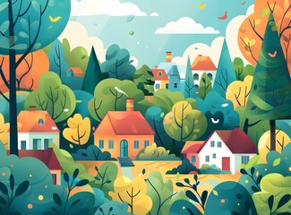 Colorful Illustration of a Small Town Surrounded by Trees