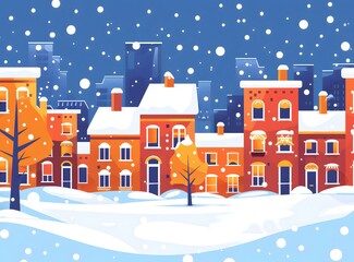 Canvas Print - Snowy Night Cityscape Winter Illustration