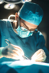 Surgeon in surgical scrubs performing a precise procedure under bright operating room lights, focused and wearing protective gear