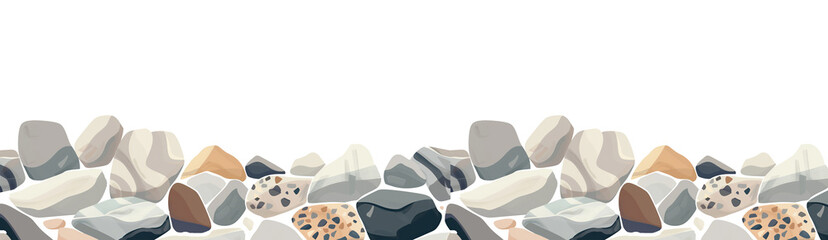 a flat style illustration of a horizontal decorative border made of decorative rocks, set against a 