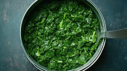 Canvas Print - Canned spinach, dark green and finely chopped, filling the tin