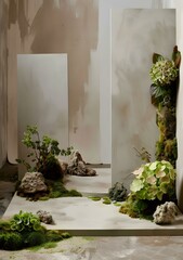 Wall Mural - Minimalist Green Plants and Rocks Still Life Photography