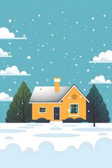 Wall Mural - Yellow House In The Snow On A Winter Day