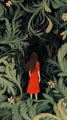 Wall Mural - Woman in Red Dress Walking Through Lush Green Foliage