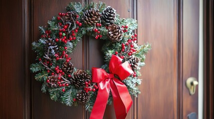 Close-up of a festive Christmas wreath with red berries, pinecones, and a red ribbon on a wooden doo