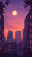 Poster - Night Cityscape with Full Moon and Stars