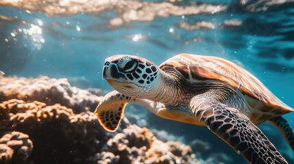 Canvas Print - Close-up of a turtle swimming through a coral reef, emphasizing the need to protect marine biodiversity