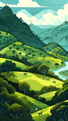 Canvas Print - Green Hills and Lush Valley Landscape Illustration