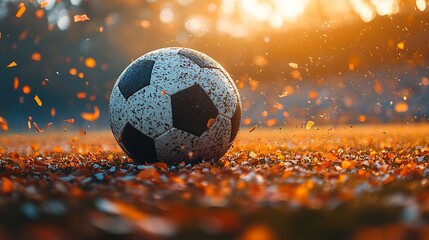 Wall Mural - A soccer ball rests on a field of fallen autumn leaves, bathed in warm evening sunlight.