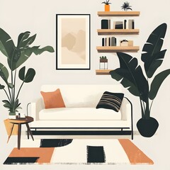 Wall Mural - Modern Living Room Interior Design with White Sofa and Plants