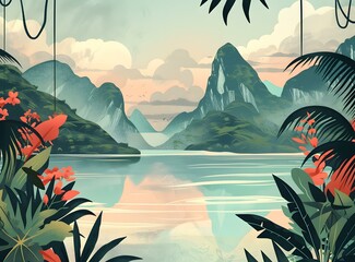 Canvas Print - Tranquil Lake and Mountains Landscape Illustration