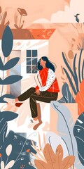 Poster - Woman Sitting Outside Home With Plants