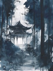 Wall Mural - Ink Watercolor Painting of a Pagoda in the Forest