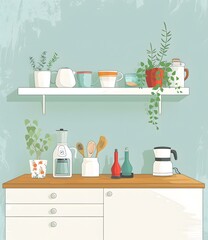 Kitchen Interior Illustration with White Cabinetry and Shelf