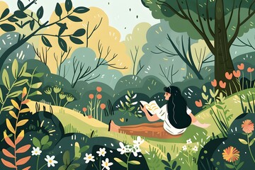 Sticker - Woman Reading in a Green Forest Illustration