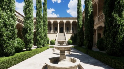 A picturesque courtyard of a grand Italian villa with multiple stone fountains, framed by towering cypress trees and ivy-covered walls,