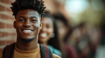 A young man with a bright smile standing against a brick wall background outside. The image captures a joyful moment and the warmth of youth in a casual setting.