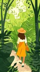 Wall Mural - Woman in Yellow Skirt Walking Through a Lush Green Forest