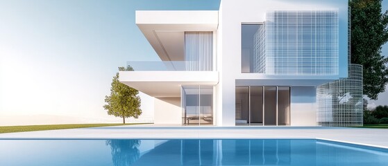 A stunning 3D visual of a grand villa, where the front facade is fully rendered with realistic materials, transitioning into an abstract wireframe towards the back,