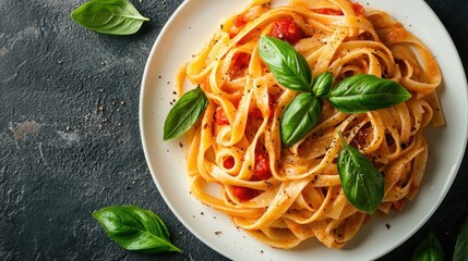 Wall Mural - Delicious pasta dish with tomato sauce and fresh basil leaves on a white plate, top view